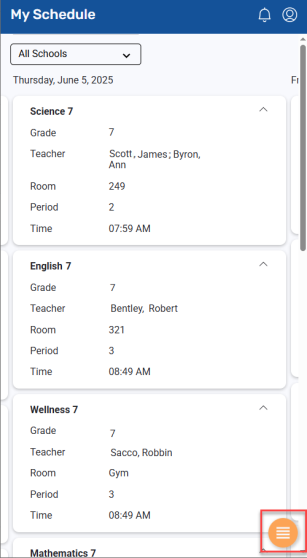 My Schedule screen with menu icon highlighted