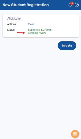 New Student Registration screen with Status highlighted
