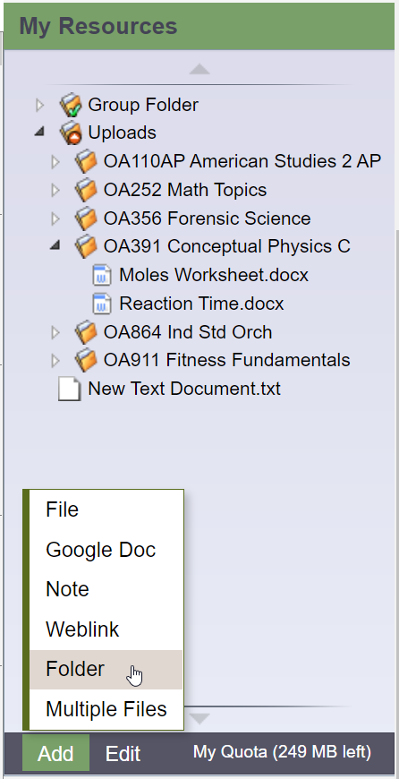 My Resources Add menu