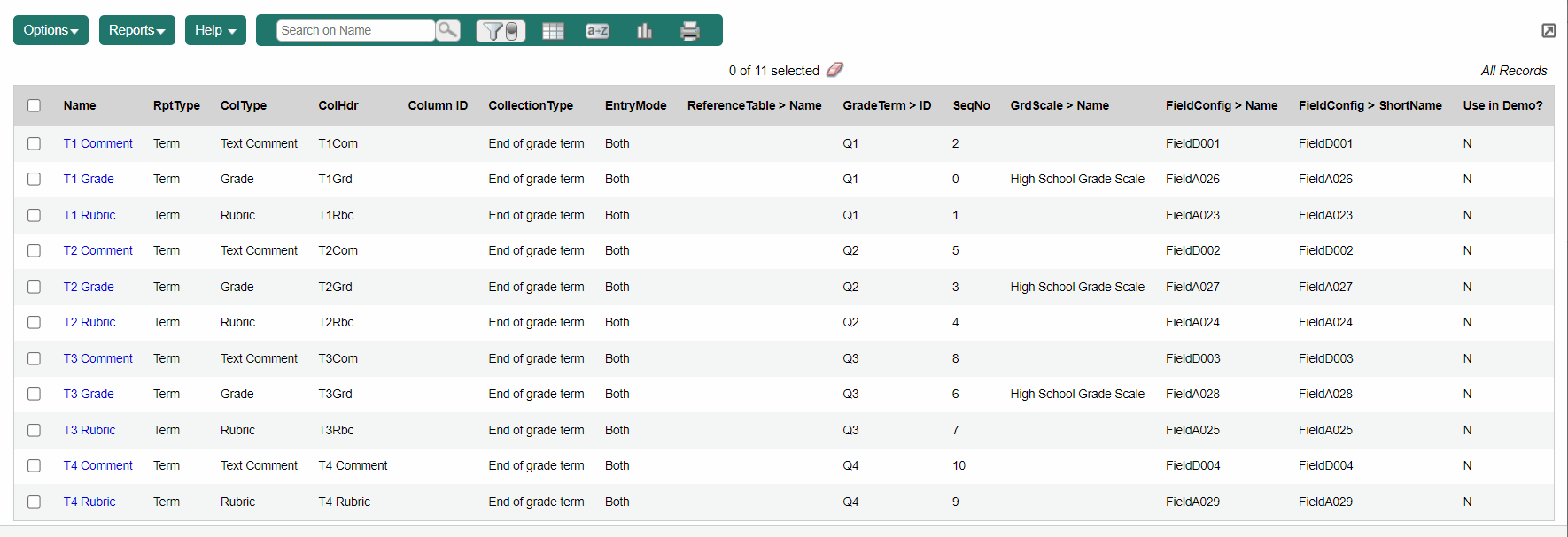 Transcript Definition Columns list page