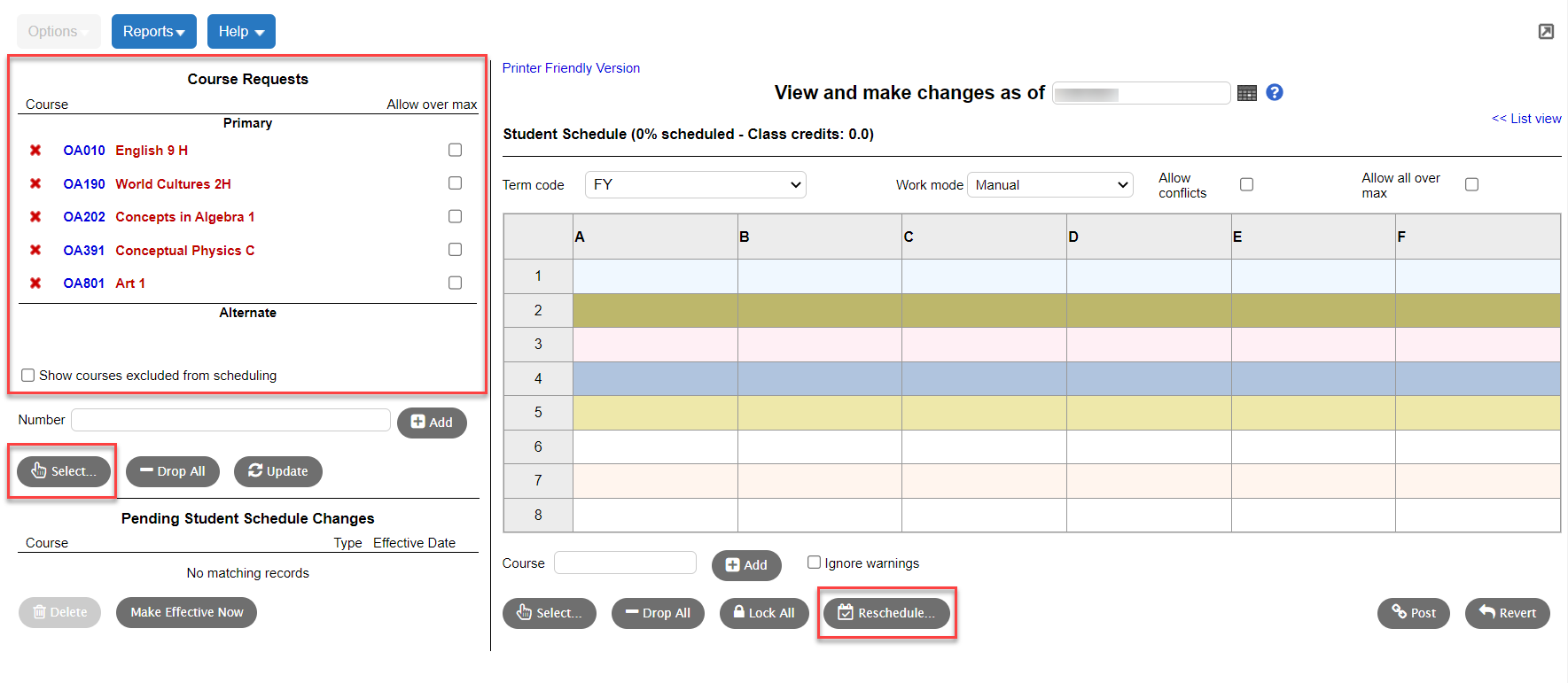 Workspace page with Course Requests list highlighted