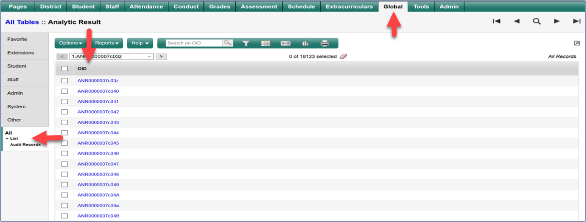 global tab with list side-tab and oid field highlighted