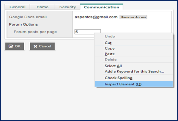 Communication preference with pop-up showing Inspect Element.