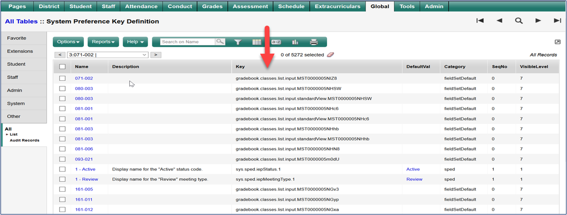 global tab with key column highlighted.