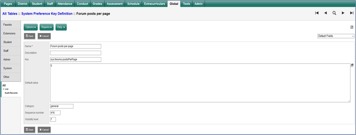 global tab showing default value field.