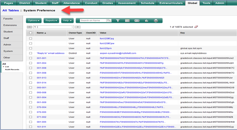global tab with system preference highlighted.