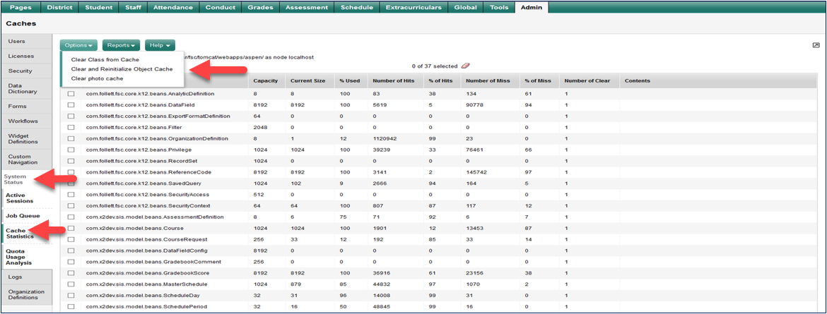 global tab with system status side-tab and clear and reinitialize object cache highlighted.
