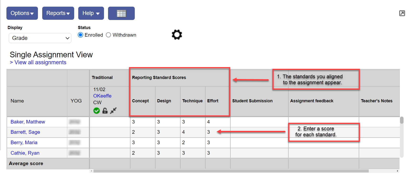 Single Assignment view with Standards scores