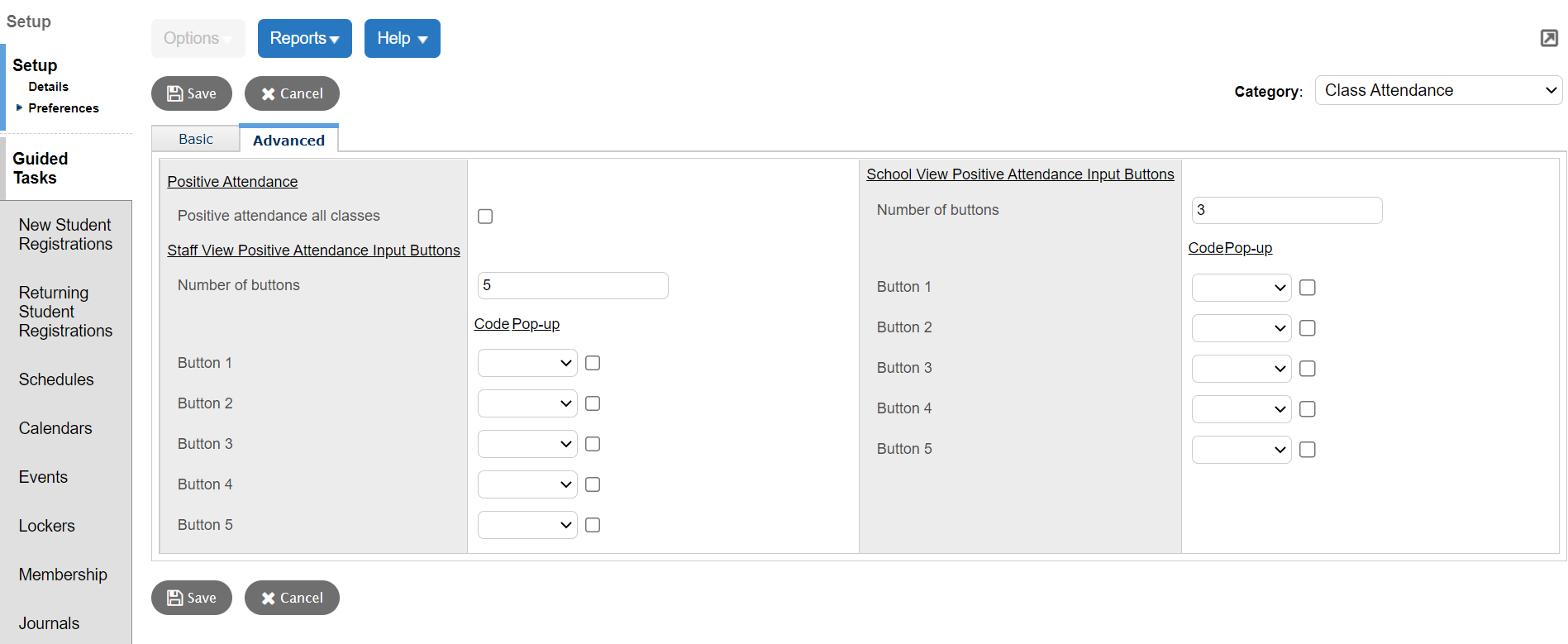 Class Attendance page, Advanced sub-tab