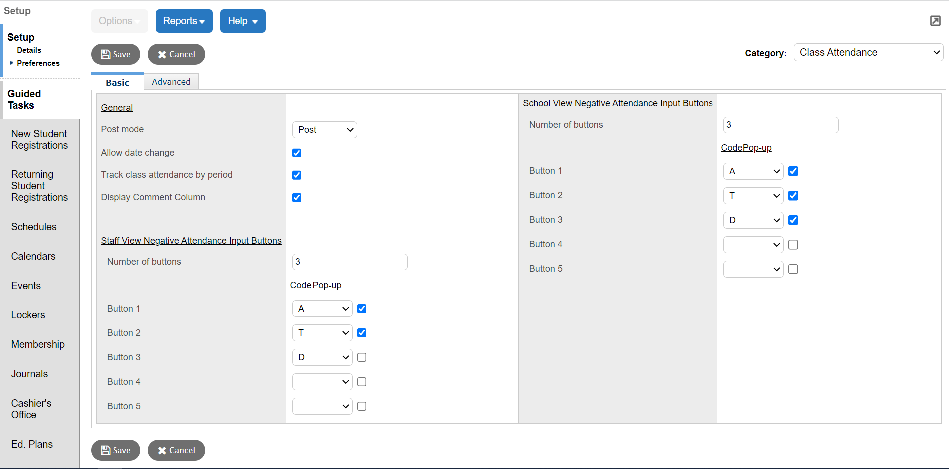 Class Attendance page, Basic sub-tab