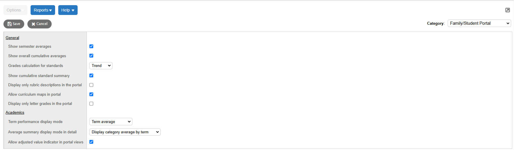 School Family/Student Portal preferences