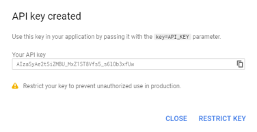 Google API Key Created pop-up