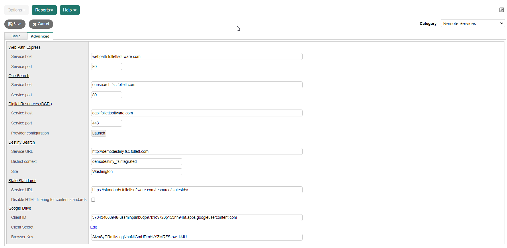 Aspen Remote Services page, Advanced sub-tab